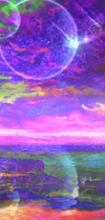 A cosmic beach under a vibrant, purple sky with celestial elements shining brightly.