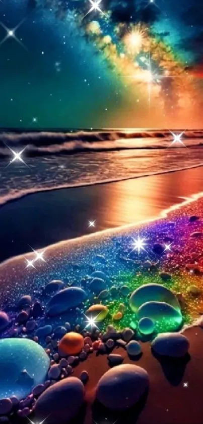 Vibrant cosmic beach scene with colorful stones and galaxy sky.