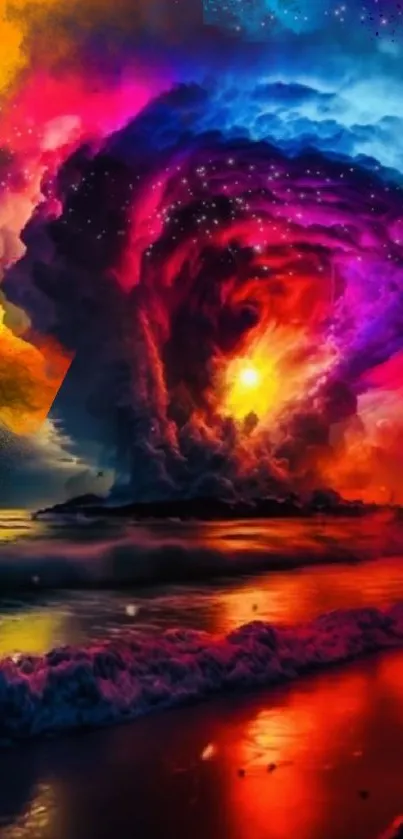 Vibrant cosmic beach wallpaper with colorful skies and ocean waves.