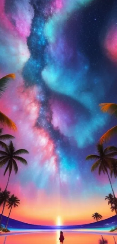 Vibrant cosmic beach scene with galaxies and palm silhouettes.