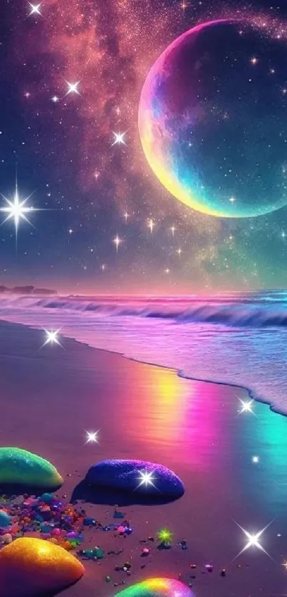 Neon beach with cosmic sky and colorful rocks.