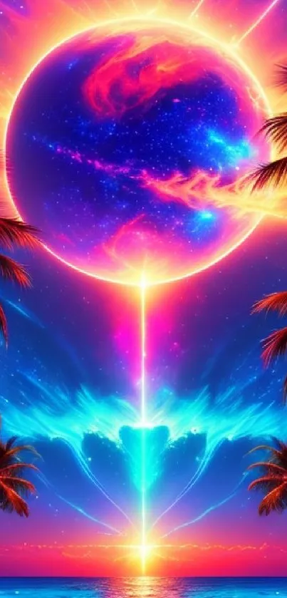 Cosmic sun setting over a vibrant beach with palm trees and radiant sky colors.