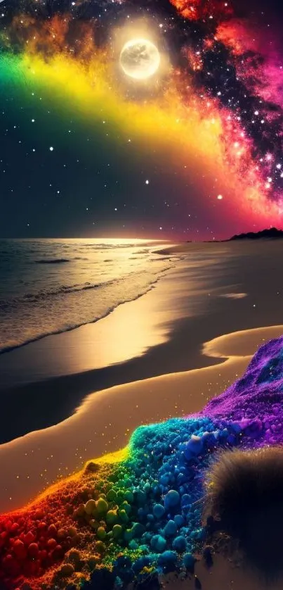 Colorful cosmic beachscape with rainbow night sky and moonlit ocean.