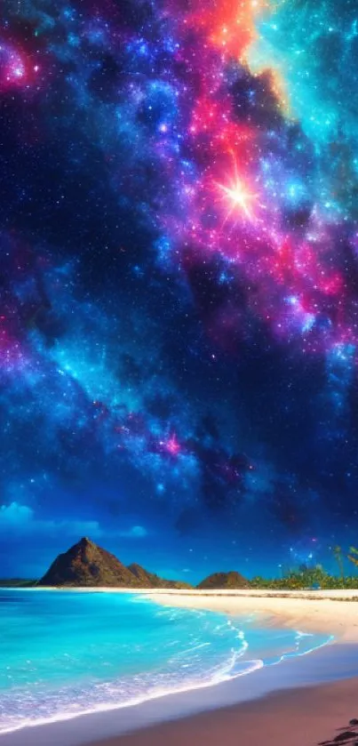 Tropical beach under colorful cosmic sky, vibrant stars above.