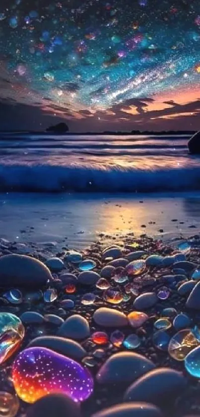 Colorful stones on a cosmic beach with a starry sky.