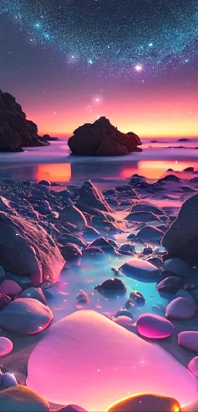 Cosmic beachscape with glowing stones under a starry sky.