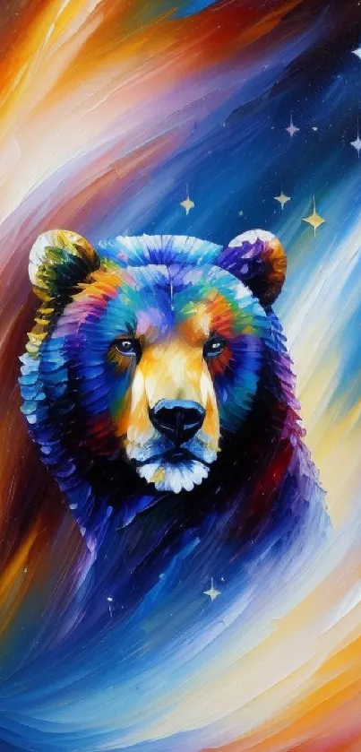 Colorful cosmic bear in a vibrant galaxy design for phone wallpaper.