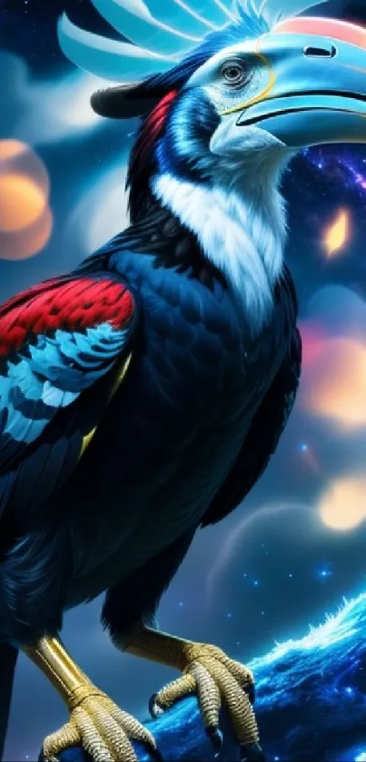 Artistic cosmic bird with vibrant colors in a celestial setting.