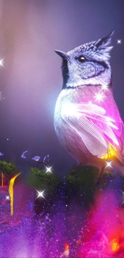 Vibrant cosmic bird with stars and colorful effects on a nature-themed background.