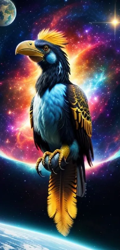 A vibrant bird in a cosmic galaxy setting.