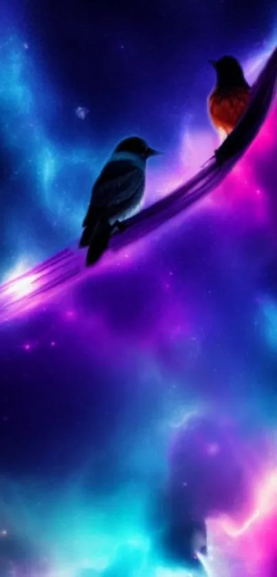 Vibrant cosmic scene with birds and purple nebula.