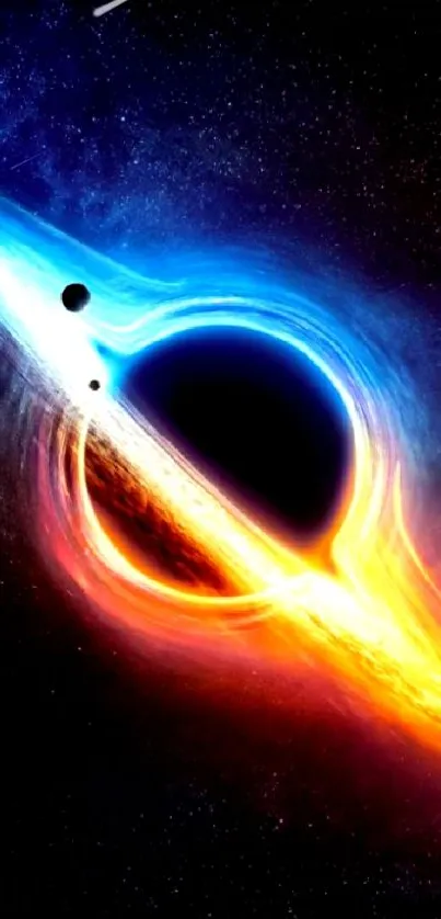 Vibrant cosmic black hole with blue and orange rings on a black background.