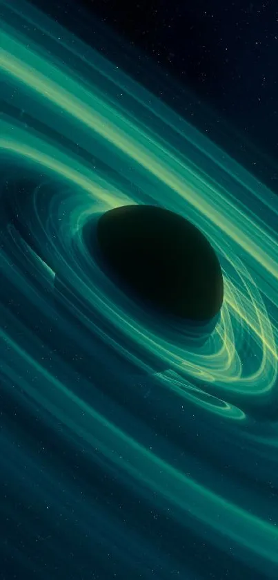 Cosmic wallpaper with luminous black hole and vibrant green rings