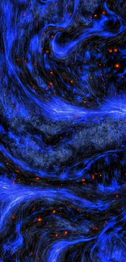 Cosmic-themed blue and black wallpaper with vibrant red accents.