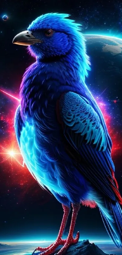 Vibrant cosmic bluebird standing against a galaxy background.