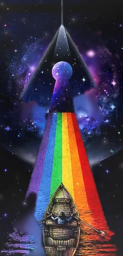 Surreal cosmic wallpaper with boat and rainbow prism effect.