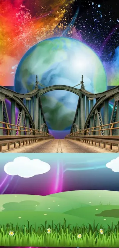 Colorful cosmic bridge wallpaper with space and nature.