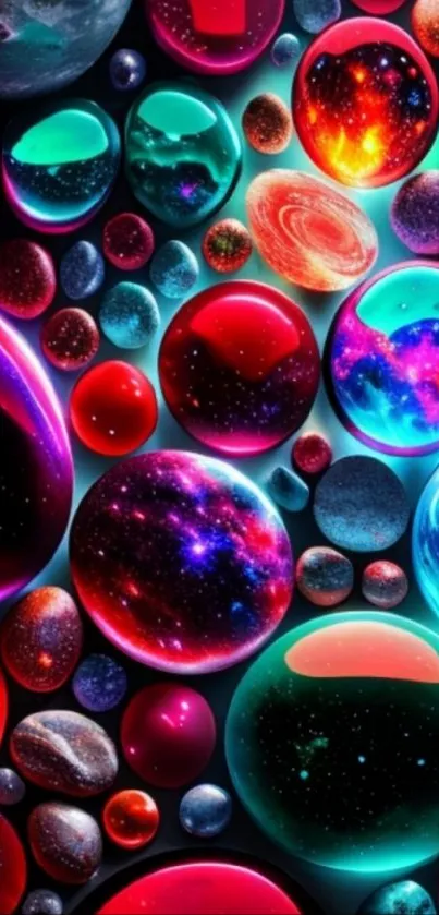 Cosmic spheres wallpaper with vibrant colors and galaxy patterns.