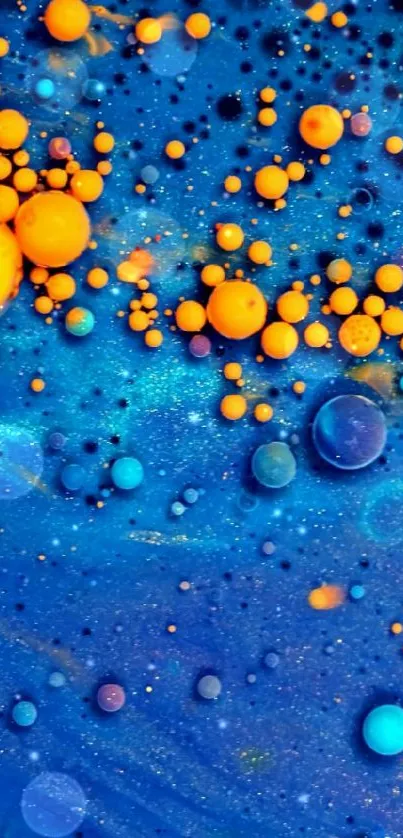 Vibrant cosmic wallpaper with orange and blue spheres in abstract design.