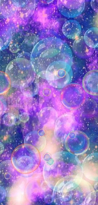 Vibrant cosmic wallpaper with purple bubbles and stars.