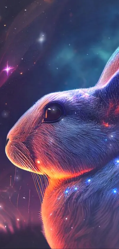 Colorful cosmic bunny with starry background and vibrant hues.