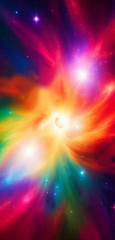 Dynamic colorful cosmic burst wallpaper with vibrant reds and blues.