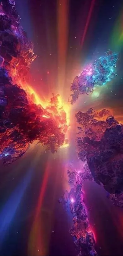 A vibrant cosmic explosion in space with colorful nebula clouds.