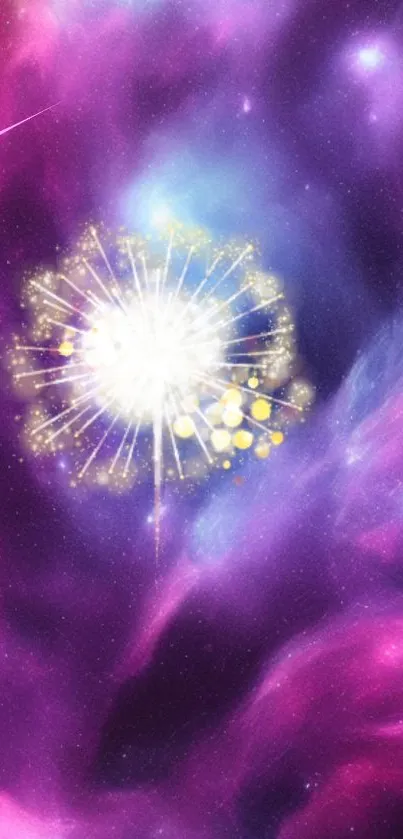 Cosmic explosion wallpaper with purple hues and radiant white center.