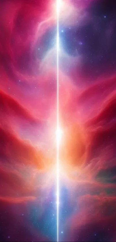 Vibrant cosmic burst mobile wallpaper with red and purple hues.