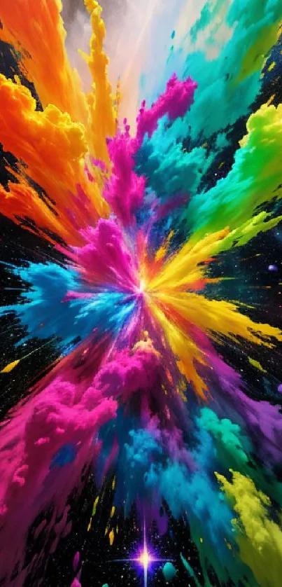 Vibrant cosmic burst of colors on galaxy background wallpaper.