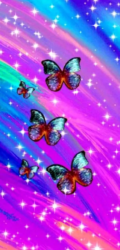 Colorful wallpaper with butterflies and stars on a vibrant gradient background.