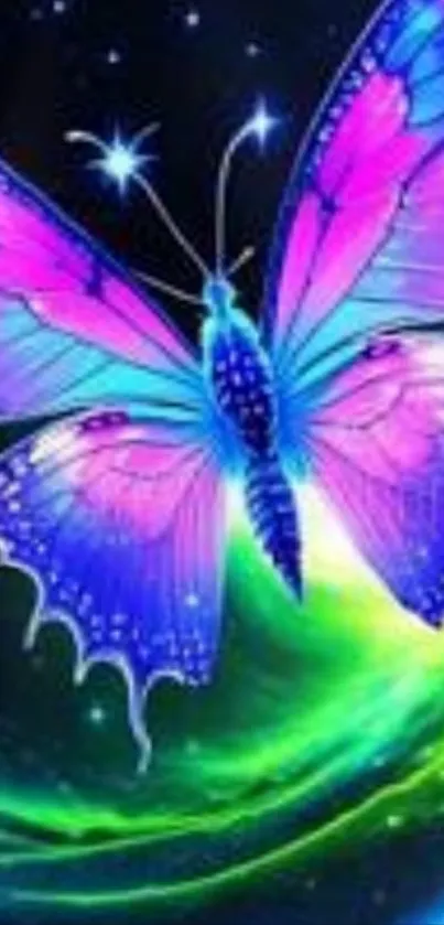 Colorful cosmic butterfly glowing in space.