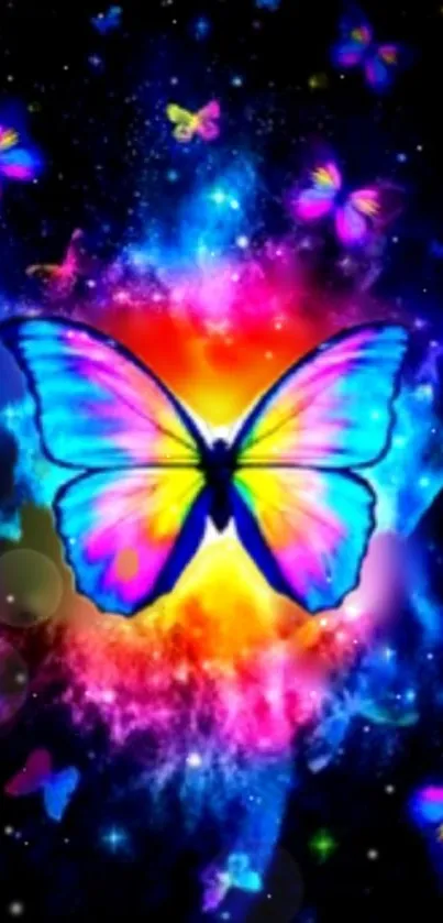 Vibrant cosmic butterfly with neon colors on a galaxy background.