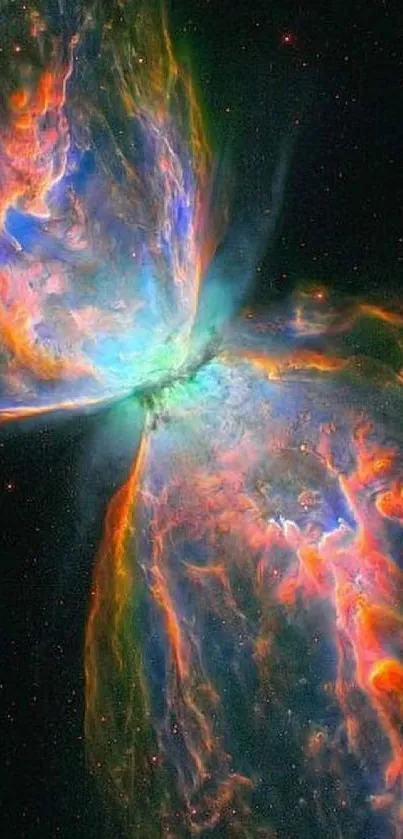 Vibrant cosmic butterfly nebula in space art wallpaper.