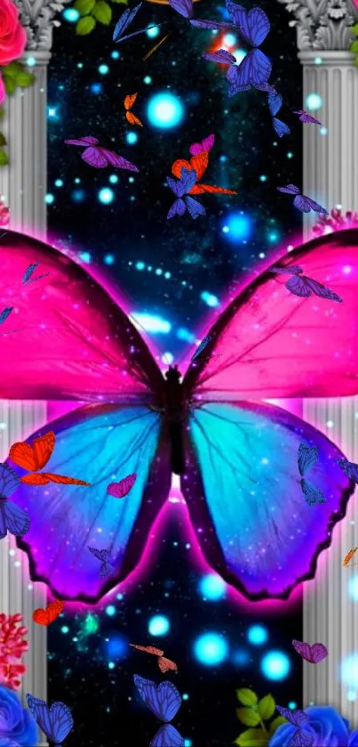 Vibrant pink and blue butterfly with cosmic backdrop.