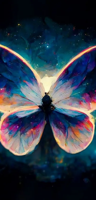 Vibrant cosmic butterfly with colorful wings on a dark background.