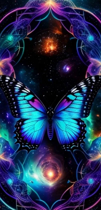 A vibrant cosmic butterfly with galaxy background in purple tones.