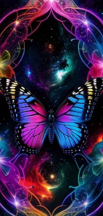 Colorful butterfly in a vibrant cosmic background with neon accents.