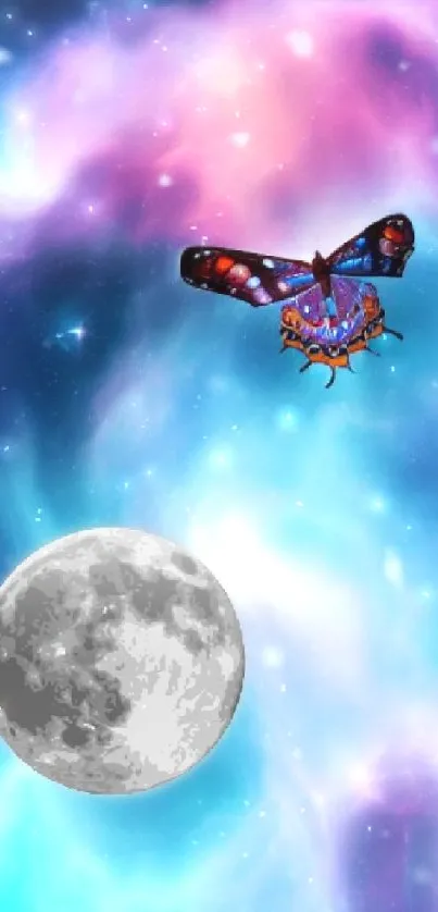 Colorful cosmic butterfly and moon in a nebula-themed mobile wallpaper.