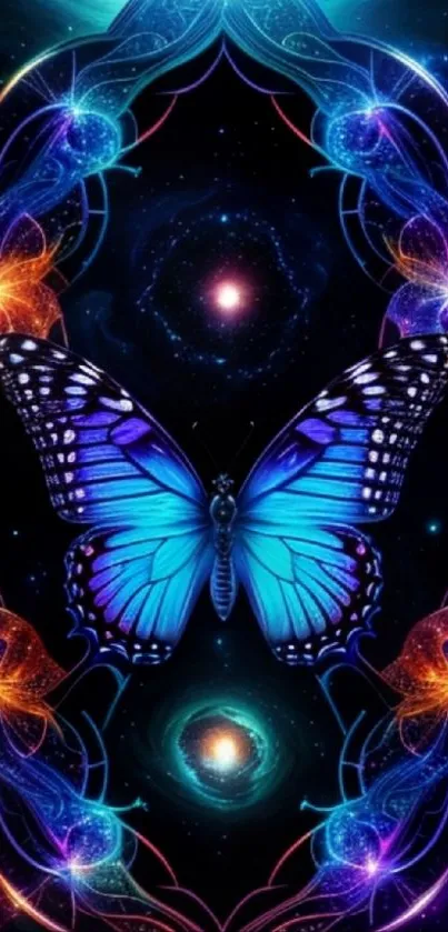 Blue butterfly with cosmic neon lights on a starry background.