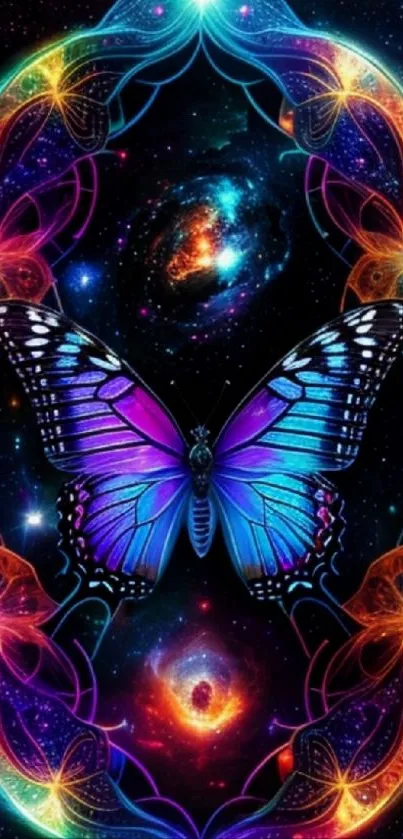 Vibrant cosmic butterfly with neon colors and galaxy background.