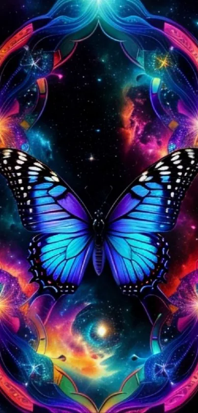 Colorful cosmic butterfly with galaxy background.