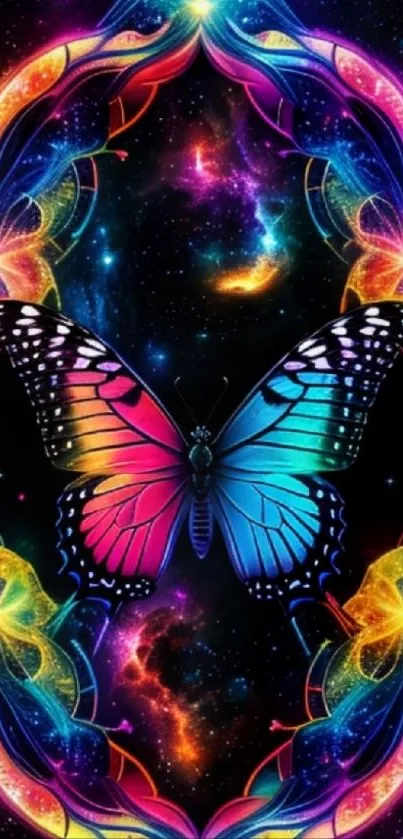 Vibrant neon butterfly with cosmic background.