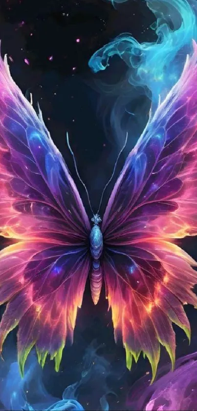 Vibrant cosmic butterfly with colorful wings on dark background.