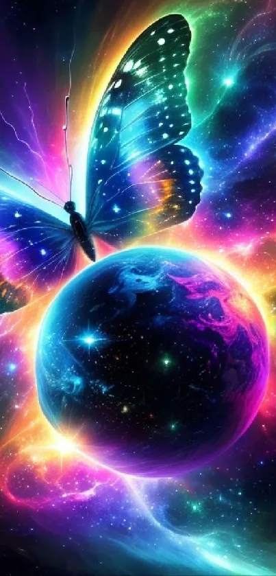 Vibrant cosmic butterfly with a colorful nebula and shining planet backdrop.