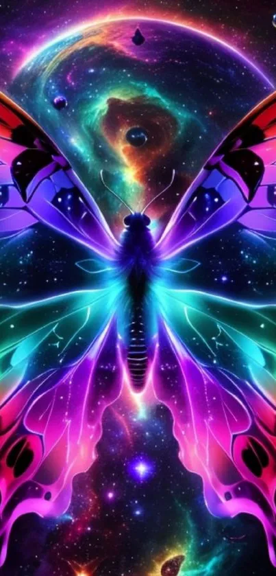 Colorful cosmic butterfly digital artwork in vibrant purple and blue hues.