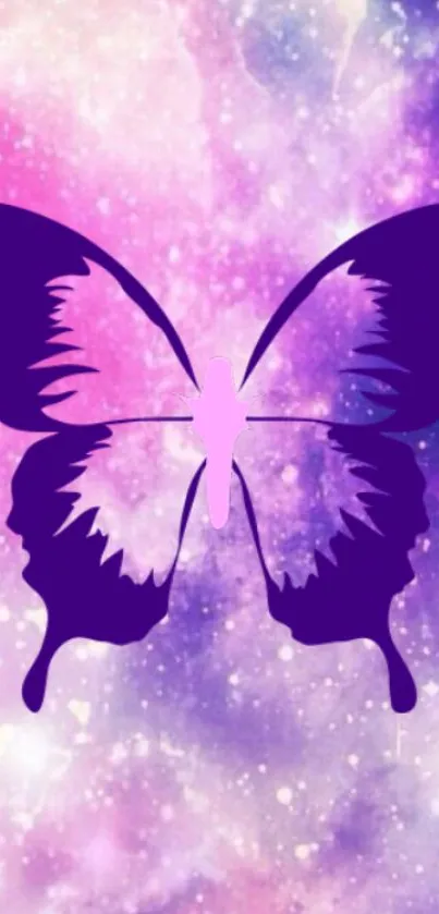 Purple butterfly on a cosmic galaxy background wallpaper.