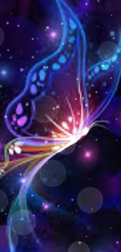 Vibrant cosmic butterfly wallpaper with neon and starry background.