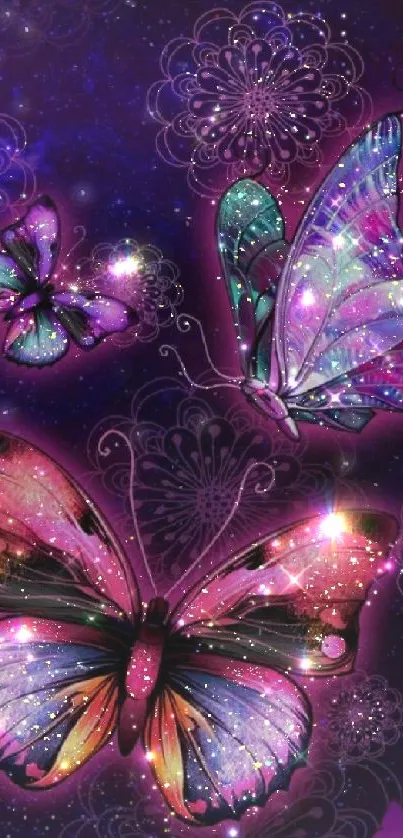 Colorful cosmic butterfly wallpaper with vibrant purple tones.