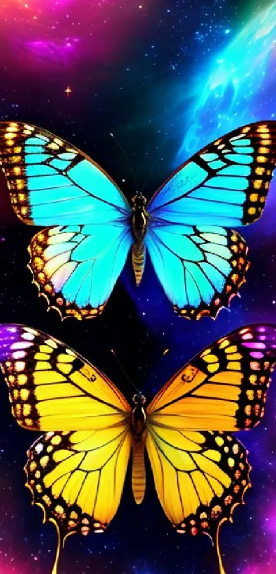 Vibrant butterflies on a cosmic background mobile wallpaper.